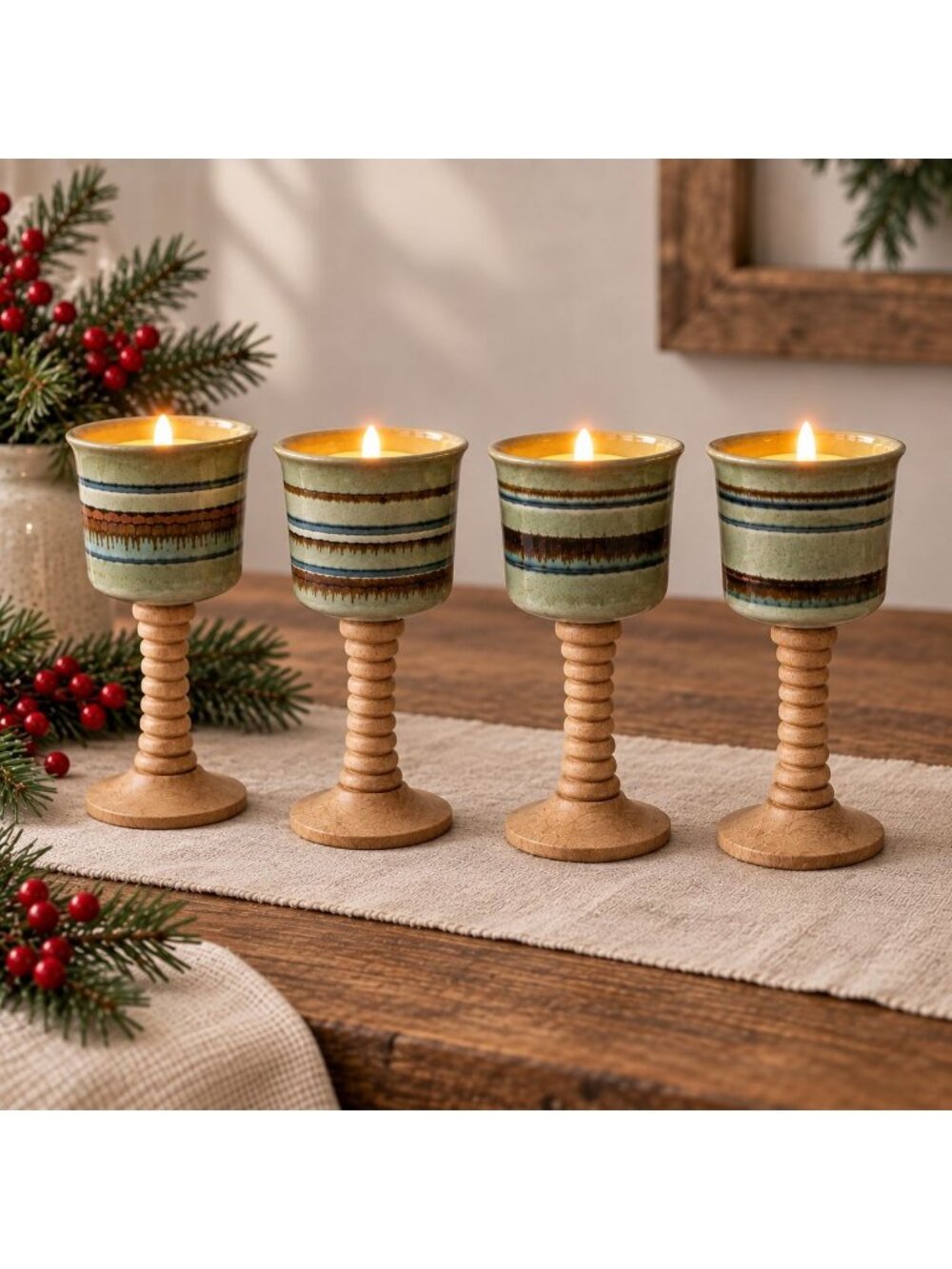 Vintage Studio Pottery Goblets Wood Stem Set 4 Boho Rustic Stoneware Wine Cups